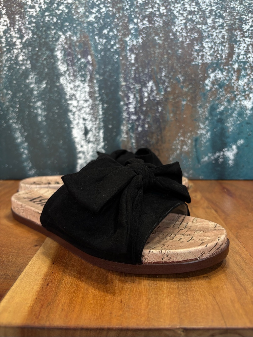 Sam & Libby Minimalist Black Bow Slide Sandals Cork Print Size 6